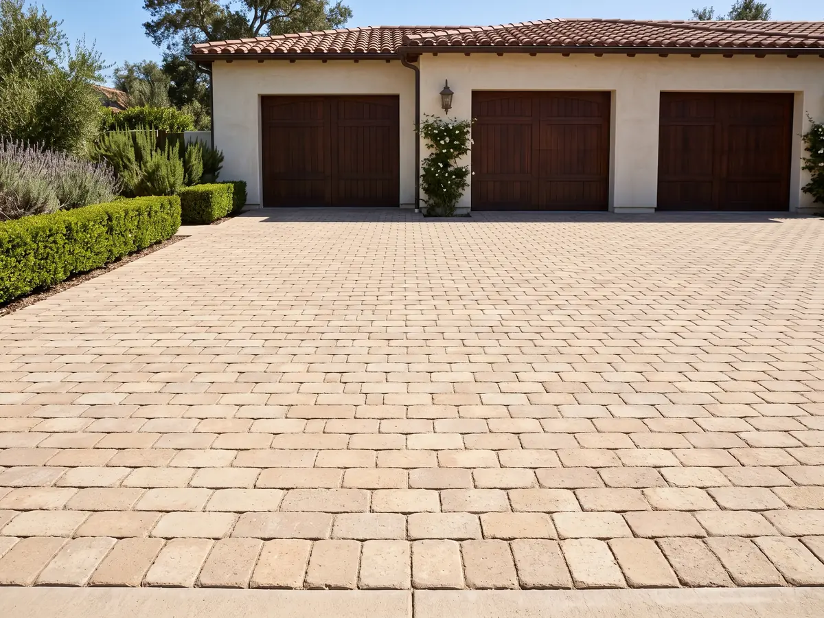 Tumbled tan paver apron in front of a three car garage with dark wood doors