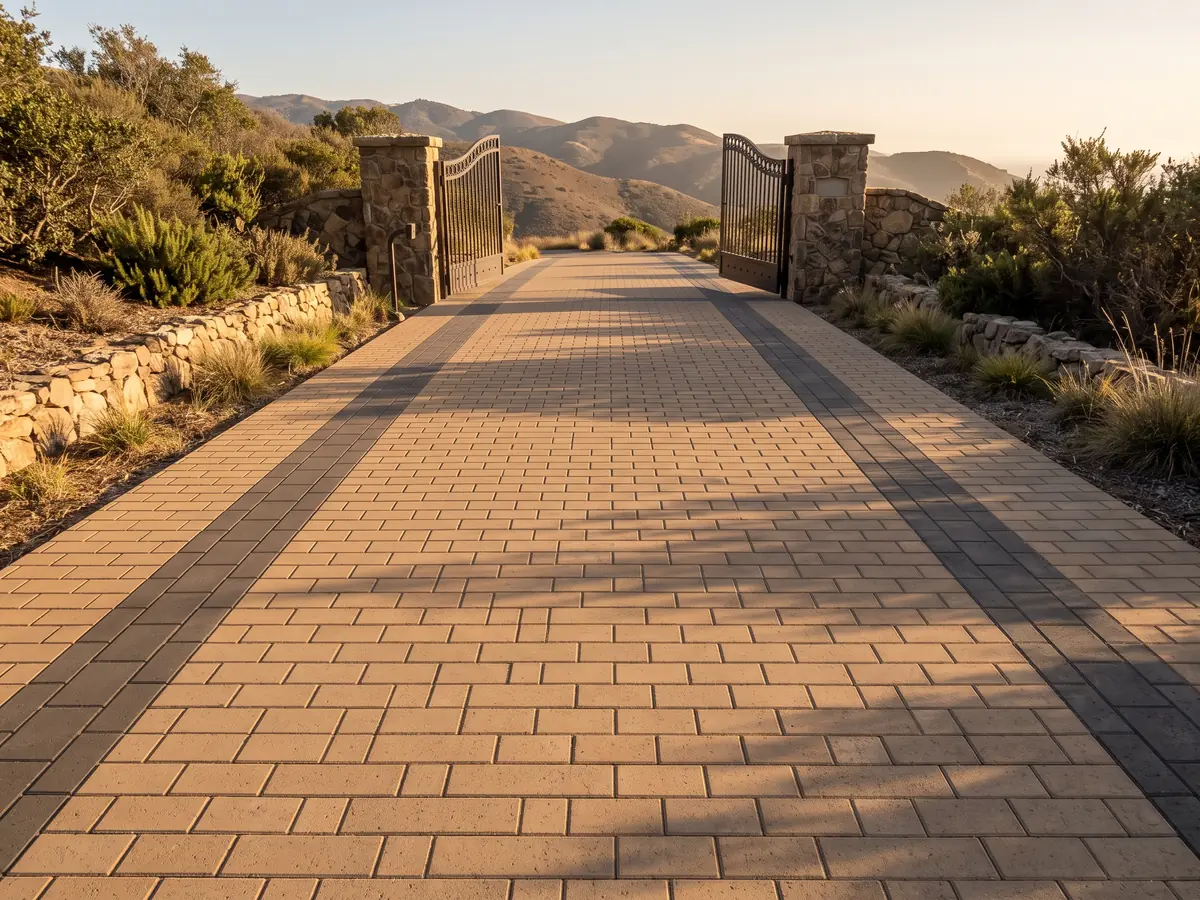 Paver driveway with two dark bands running up to a pair of stone gate pillars