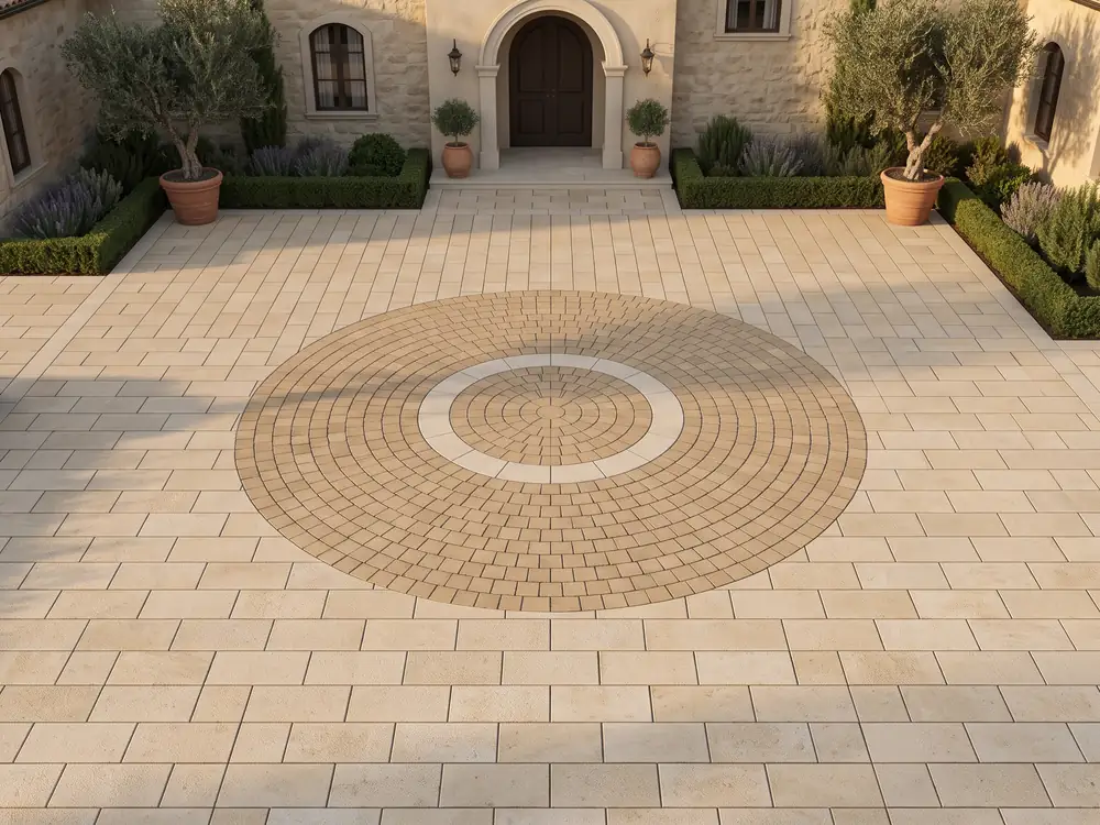 Cream paver motor court with a circular center lined up to the front door