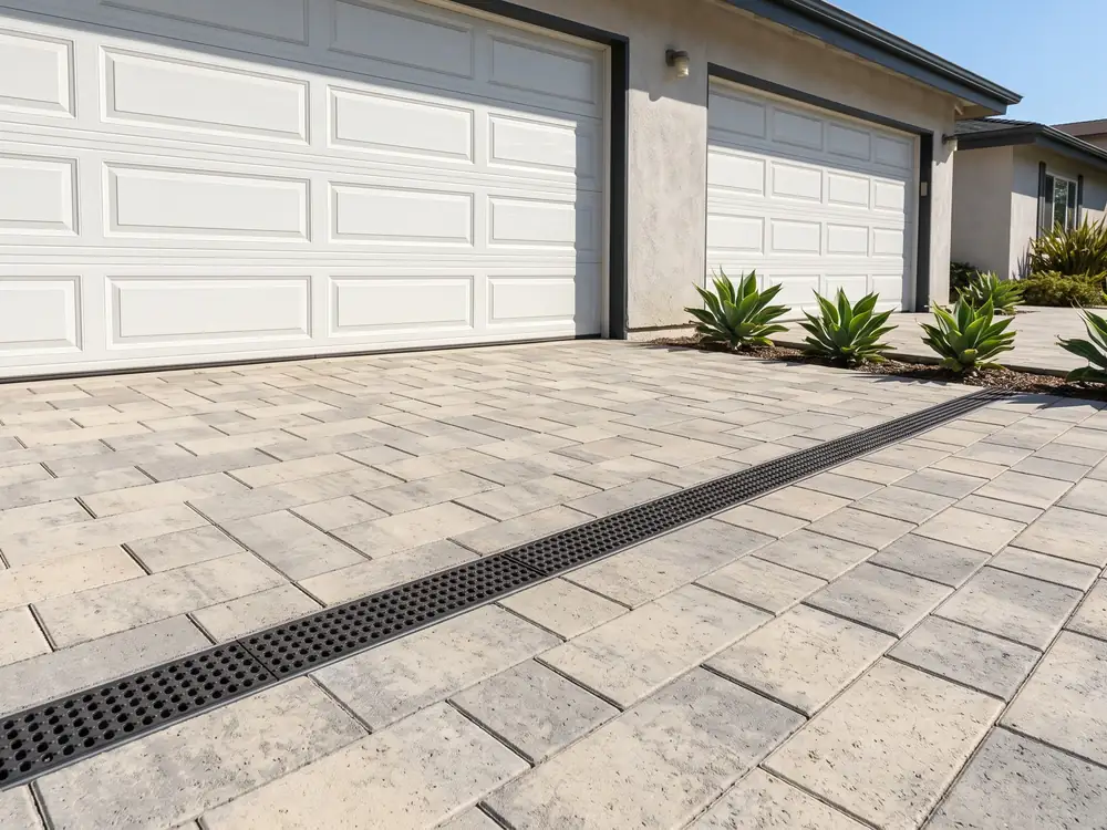 Pale gray paver driveway with a slot drain across the front of a garage
