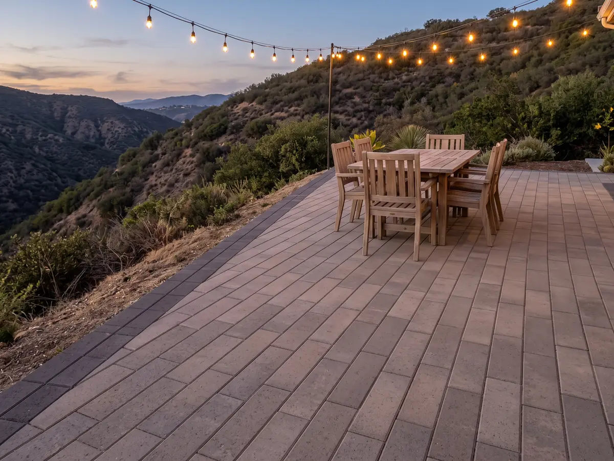Paver dining terrace at dusk with a wood table, string lights and a dark double border along a slope