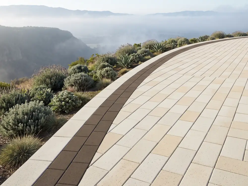 Curved ivory paver terrace edge with a dark border above a planted slope in morning mist