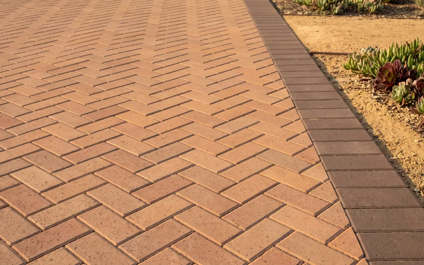Terracotta pavers in a herringbone pattern cut neatly against a dark brown border row