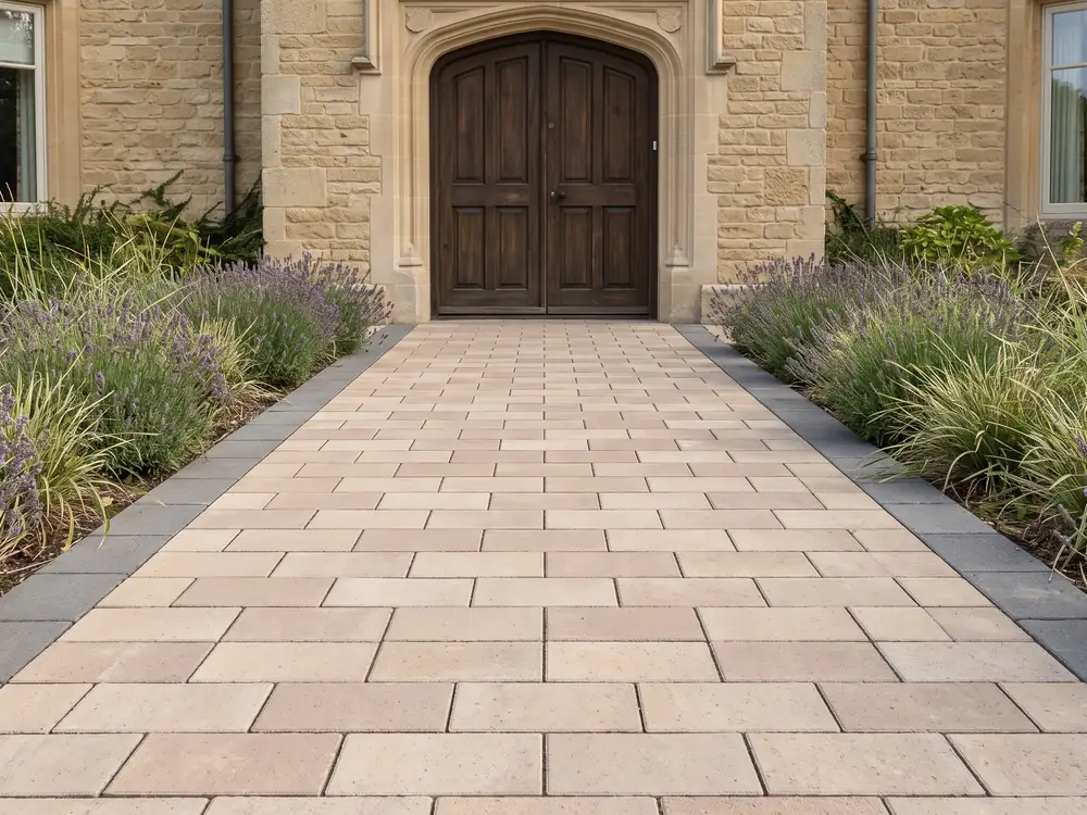 Paver entry path with dark border rows centered on a wood double front door